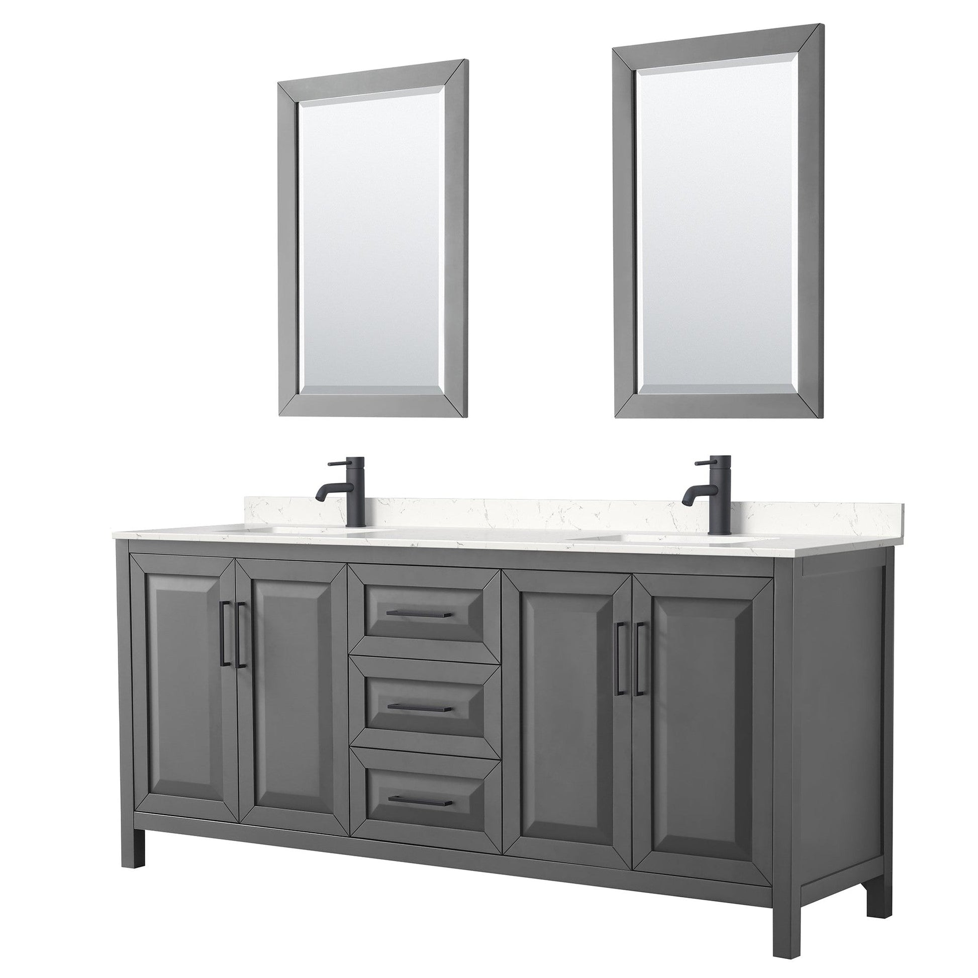 Daria 80" Double Bathroom Vanity in Dark Gray, Carrara Cultured Marble Countertop, Undermount Square Sinks, Matte Black Trim, 24" Mirrors