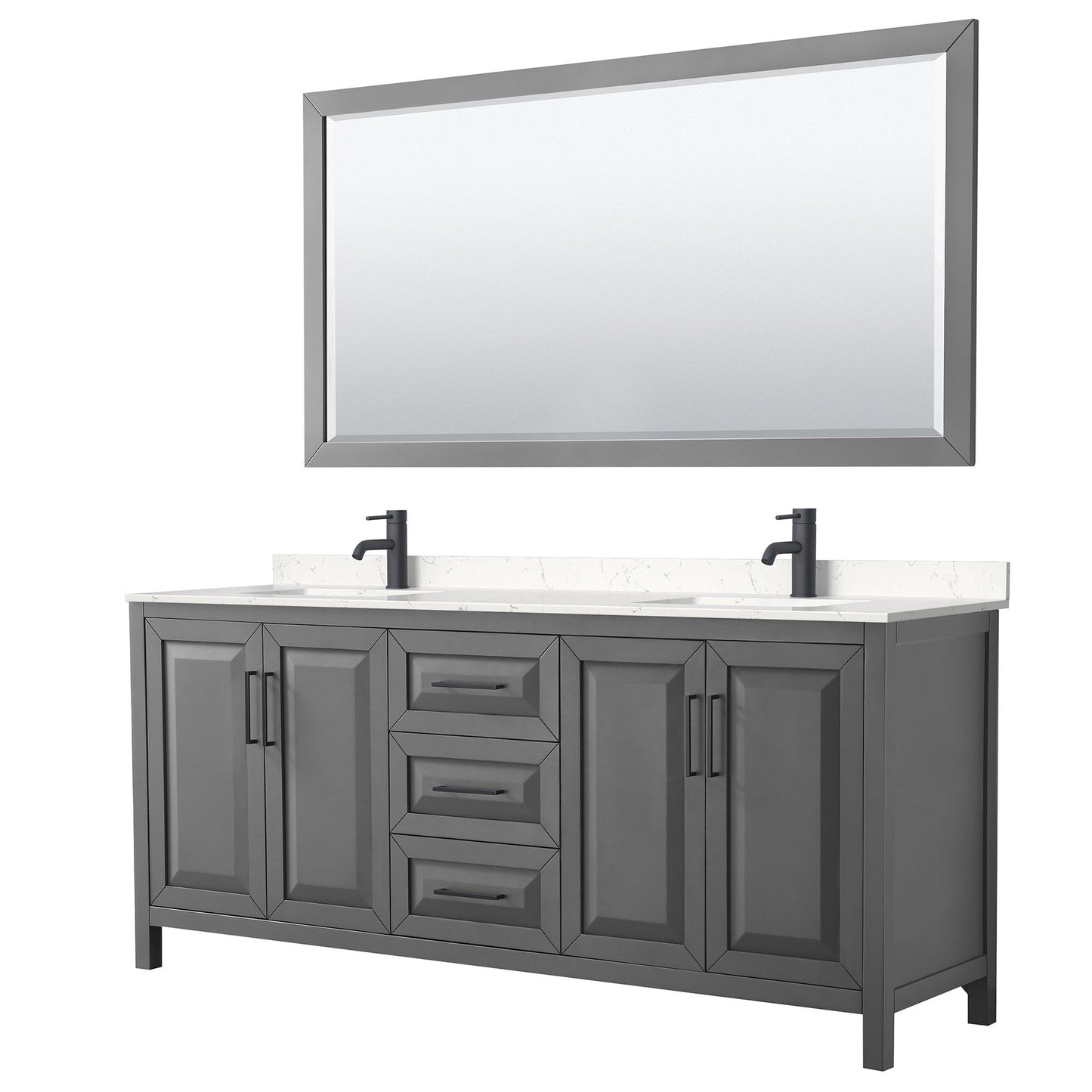 Daria 80" Double Bathroom Vanity in Dark Gray, Carrara Cultured Marble Countertop, Undermount Square Sinks, Matte Black Trim, 70" Mirror