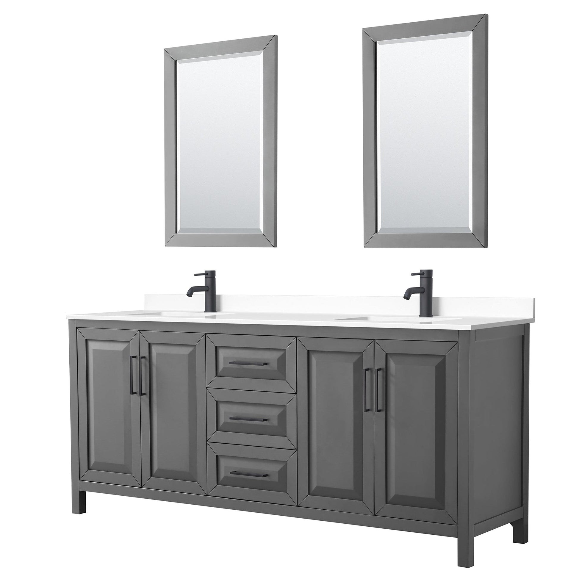 Daria 80" Double Bathroom Vanity in Dark Gray, White Cultured Marble Countertop, Undermount Square Sinks, Matte Black Trim, 24" Mirrors