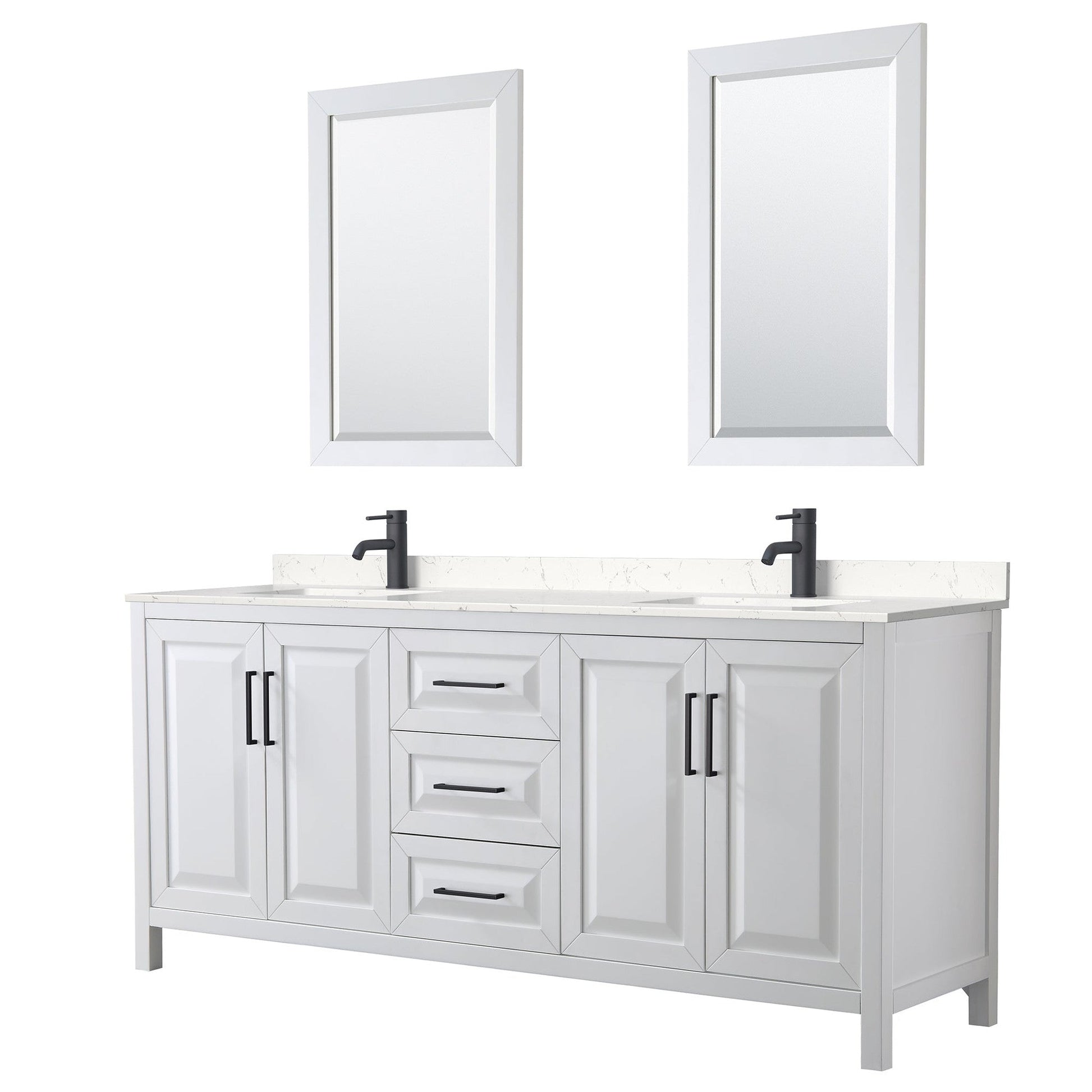 Daria 80" Double Bathroom Vanity in White, Carrara Cultured Marble Countertop, Undermount Square Sinks, Matte Black Trim, 24" Mirrors