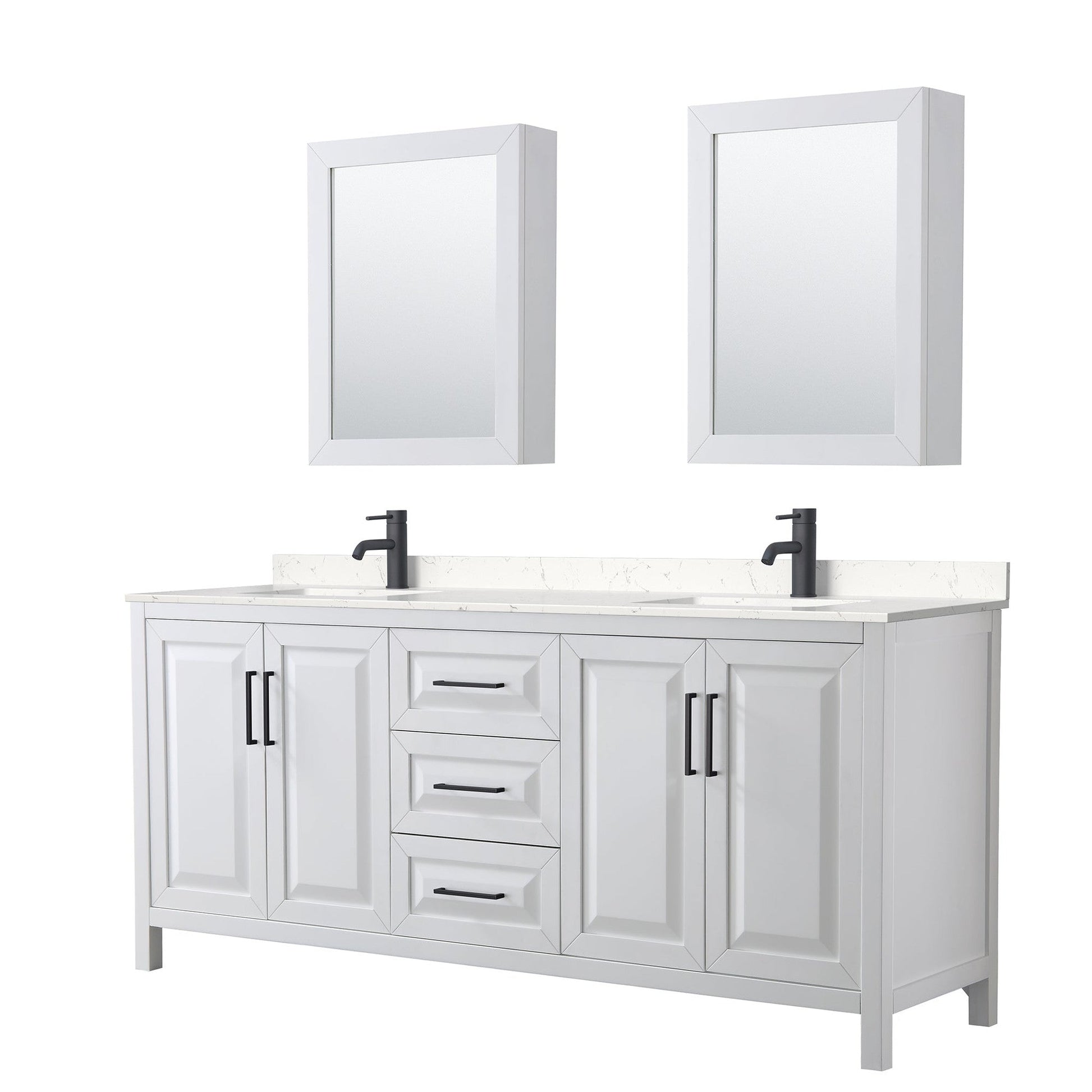 Daria 80" Double Bathroom Vanity in White, Carrara Cultured Marble Countertop, Undermount Square Sinks, Matte Black Trim, Medicine Cabinets