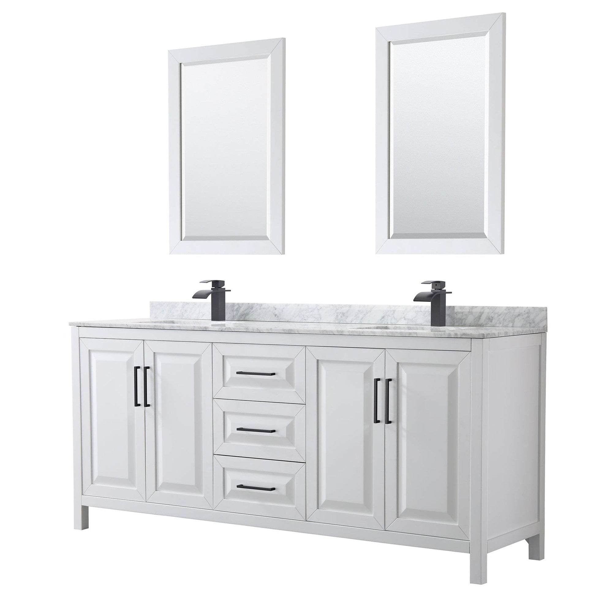 Daria 80" Double Bathroom Vanity in White, White Carrara Marble Countertop, Undermount Square Sinks, Matte Black Trim, 24" Mirrors