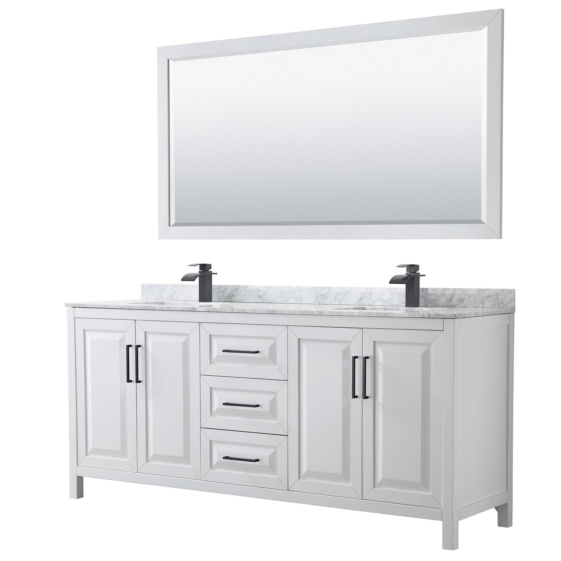 Daria 80" Double Bathroom Vanity in White, White Carrara Marble Countertop, Undermount Square Sinks, Matte Black Trim, 70" Mirror