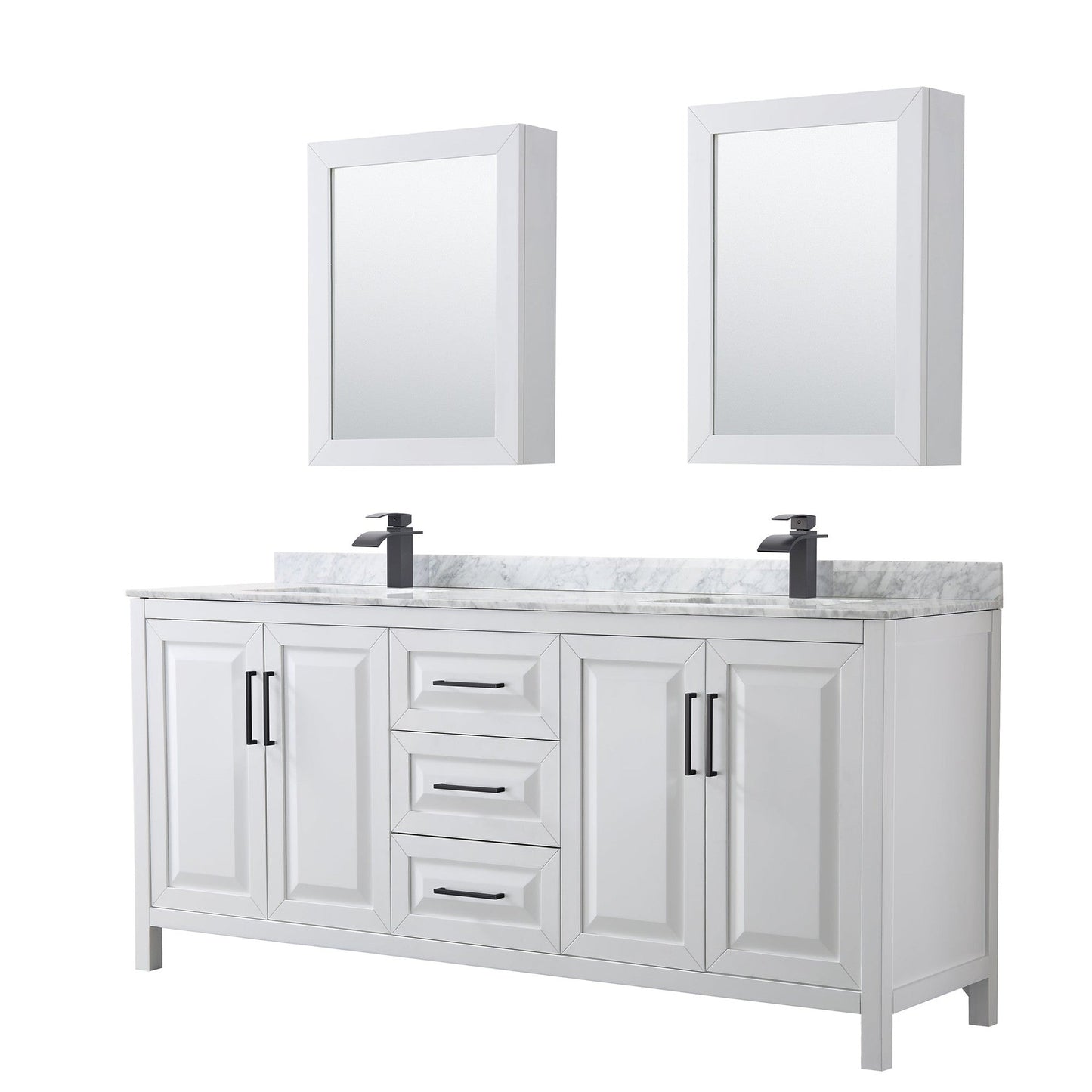 Daria 80" Double Bathroom Vanity in White, White Carrara Marble Countertop, Undermount Square Sinks, Matte Black Trim, Medicine Cabinets