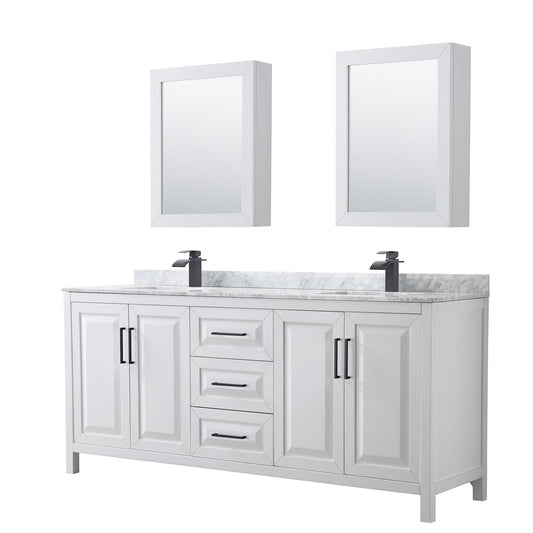 Daria 80" Double Bathroom Vanity in White, White Carrara Marble Countertop, Undermount Square Sinks, Matte Black Trim, Medicine Cabinets