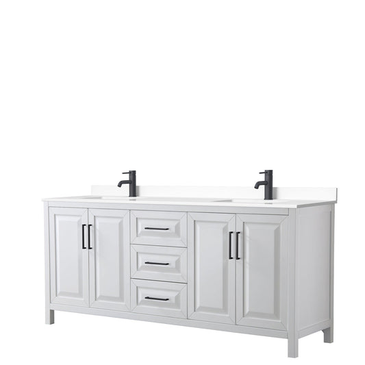 Daria 80" Double Bathroom Vanity in White, White Cultured Marble Countertop, Undermount Square Sinks, Matte Black Trim