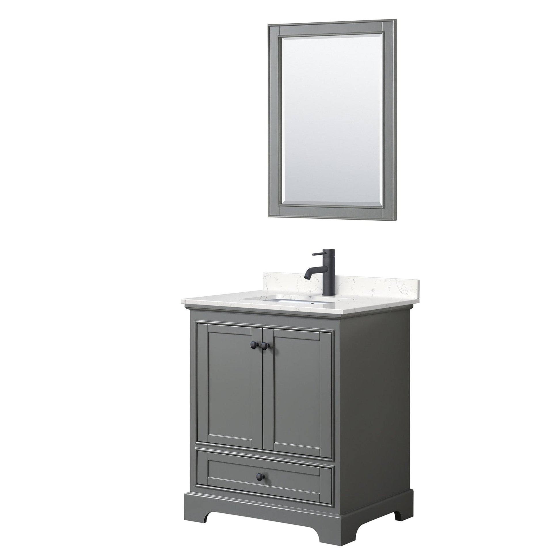 Deborah 30" Single Bathroom Vanity in Dark Gray, Carrara Cultured Marble Countertop, Undermount Square Sink, Matte Black Trim, 24" Mirror