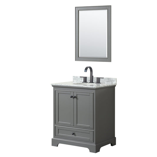 Deborah 30" Single Bathroom Vanity in Dark Gray, White Carrara Marble Countertop, Undermount Oval Sink, Matte Black Trim, 24" Mirror