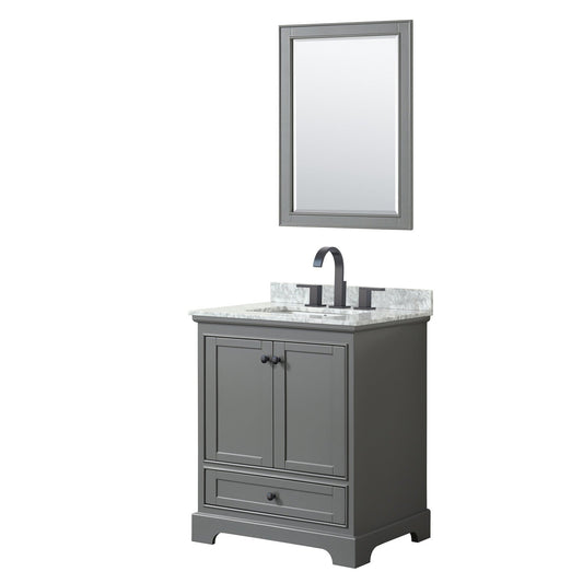Deborah 30" Single Bathroom Vanity in Dark Gray, White Carrara Marble Countertop, Undermount Square Sink, Matte Black Trim, 24" Mirror