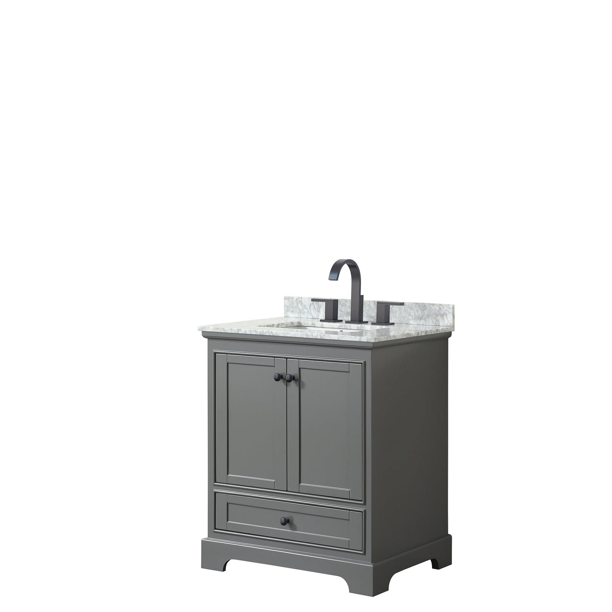 Deborah 30" Single Bathroom Vanity in Dark Gray, White Carrara Marble Countertop, Undermount Square Sink, Matte Black Trim