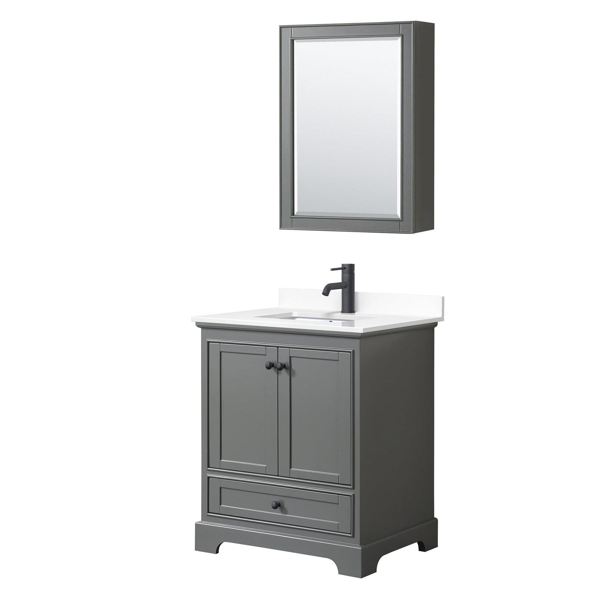 Deborah 30" Single Bathroom Vanity in Dark Gray, White Cultured Marble Countertop, Undermount Square Sink, Matte Black Trim, Medicine Cabinet