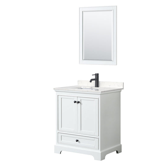 Deborah 30" Single Bathroom Vanity in White, Carrara Cultured Marble Countertop, Undermount Square Sink, Matte Black Trim, 24" Mirror
