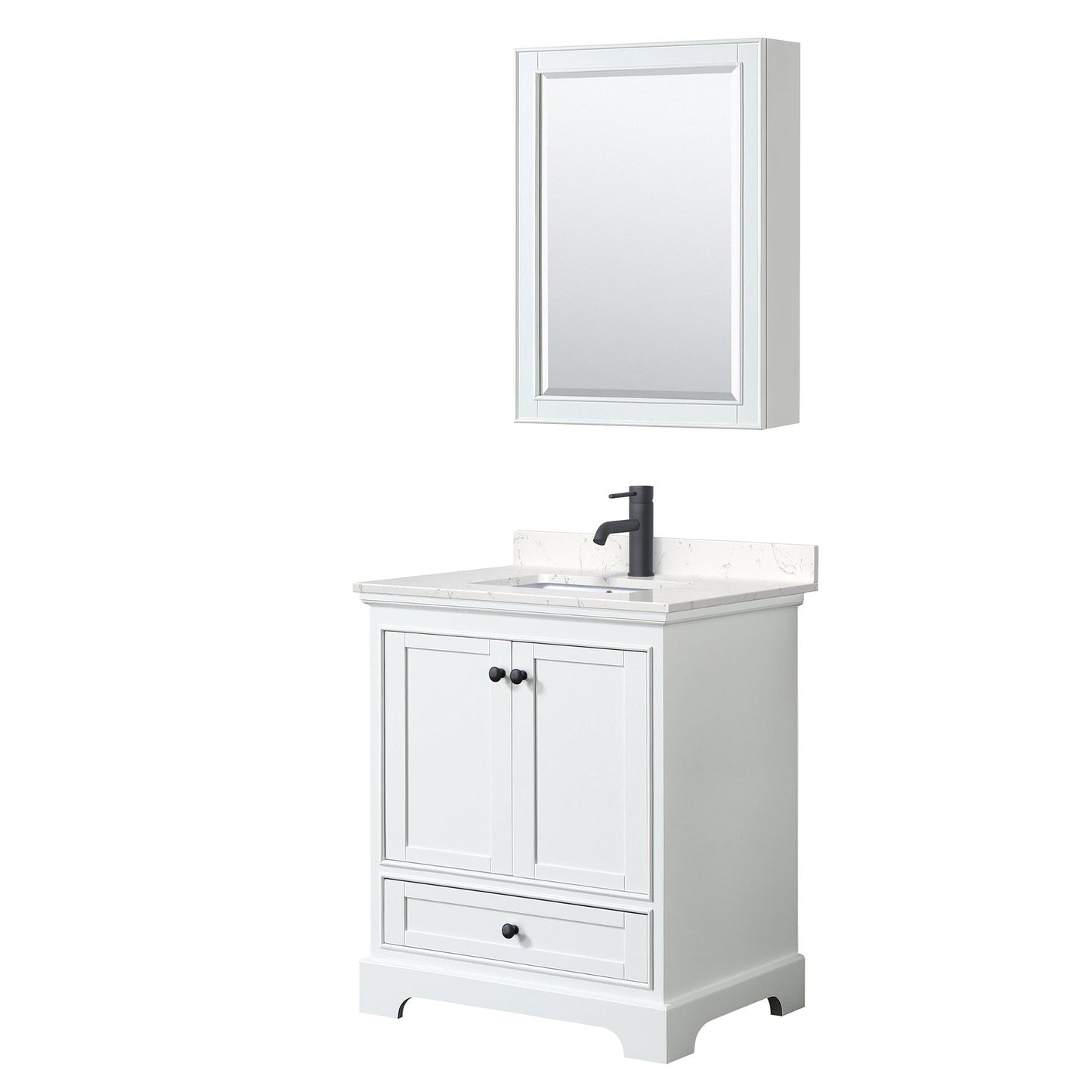 Deborah 30" Single Bathroom Vanity in White, Carrara Cultured Marble Countertop, Undermount Square Sink, Matte Black Trim, Medicine Cabinet
