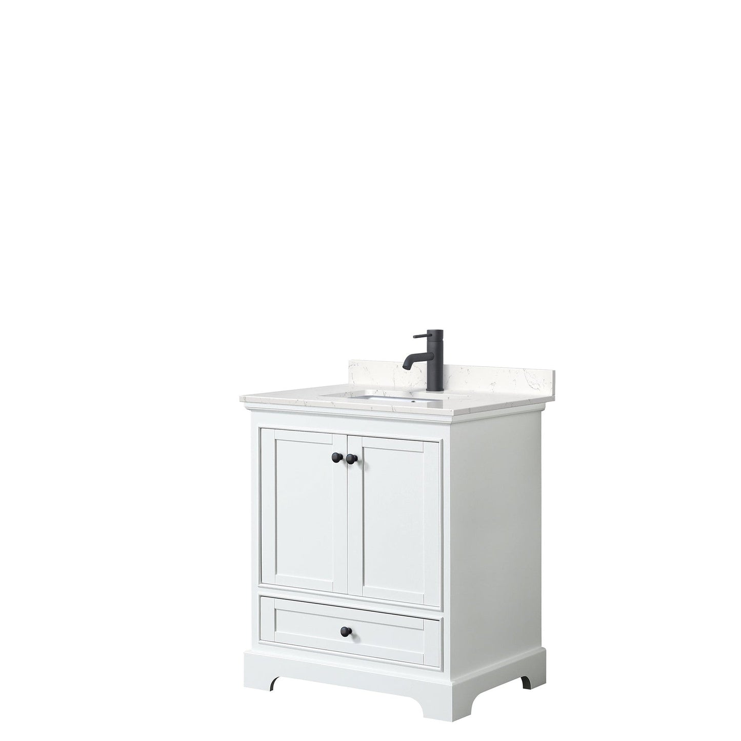 Deborah 30" Single Bathroom Vanity in White, Carrara Cultured Marble Countertop, Undermount Square Sink, Matte Black Trim