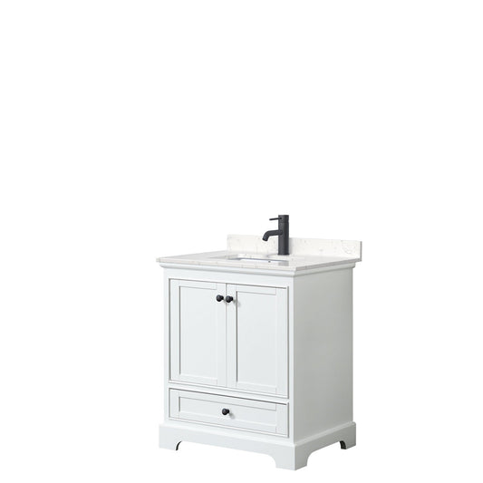 Deborah 30" Single Bathroom Vanity in White, Carrara Cultured Marble Countertop, Undermount Square Sink, Matte Black Trim