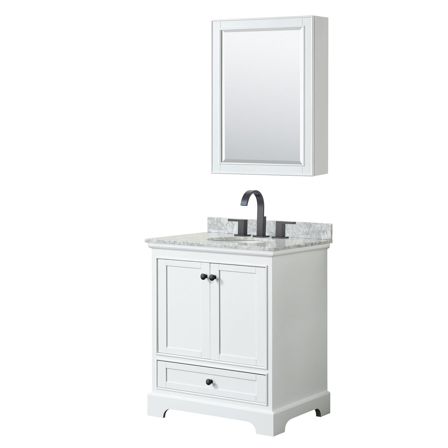Deborah 30" Single Bathroom Vanity in White, White Carrara Marble Countertop, Undermount Oval Sink, Matte Black Trim, Medicine Cabinet