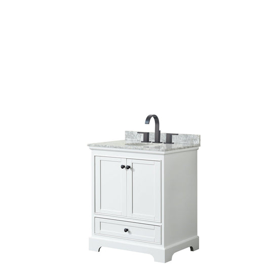 Deborah 30" Single Bathroom Vanity in White, White Carrara Marble Countertop, Undermount Oval Sink, Matte Black Trim