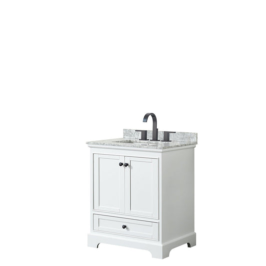 Deborah 30" Single Bathroom Vanity in White, White Carrara Marble Countertop, Undermount Square Sink, Matte Black Trim