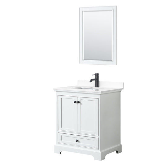 Deborah 30" Single Bathroom Vanity in White, White Cultured Marble Countertop, Undermount Square Sink, Matte Black Trim, 24" Mirror