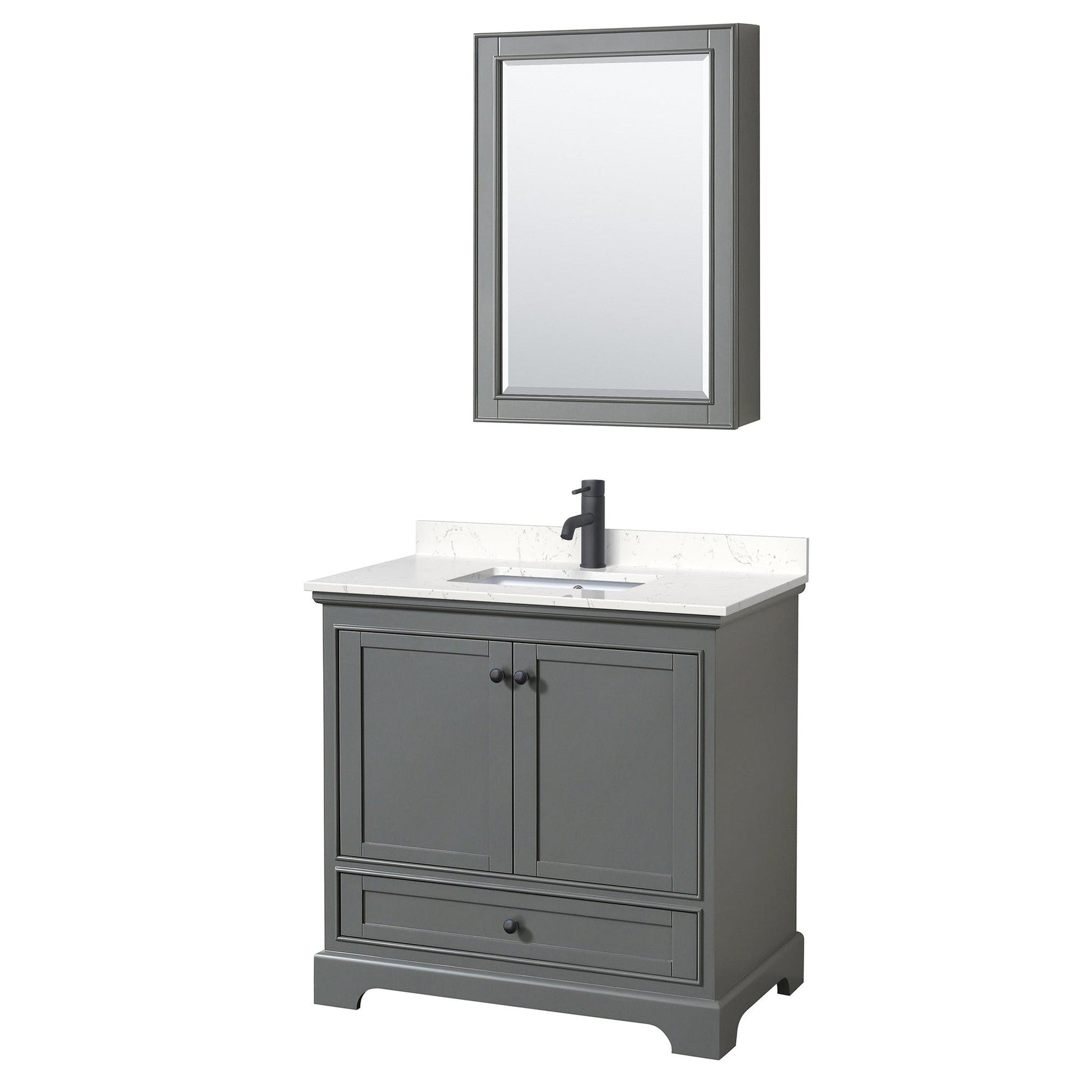 Deborah 36" Single Bathroom Vanity in Dark Gray, Carrara Cultured Marble Countertop, Undermount Square Sink, Matte Black Trim, Medicine Cabinet