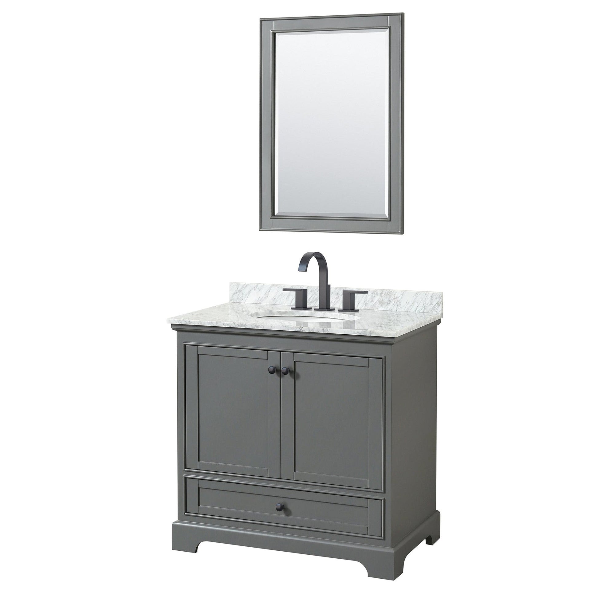 Deborah 36" Single Bathroom Vanity in Dark Gray, White Carrara Marble Countertop, Undermount Oval Sink, Matte Black Trim, 24" Mirror