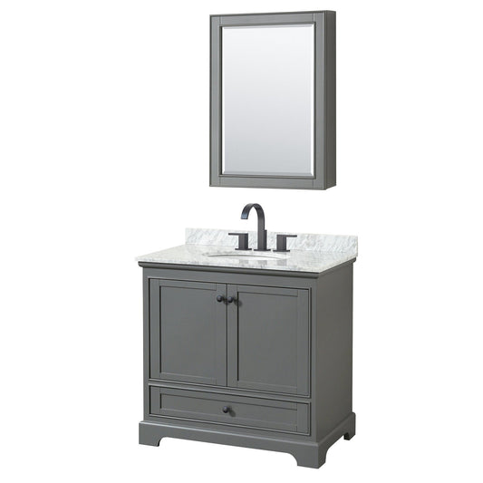 Deborah 36" Single Bathroom Vanity in Dark Gray, White Carrara Marble Countertop, Undermount Oval Sink, Matte Black Trim, Medicine Cabinet