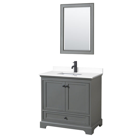 Deborah 36" Single Bathroom Vanity in Dark Gray, White Cultured Marble Countertop, Undermount Square Sink, Matte Black Trim, 24" Mirror