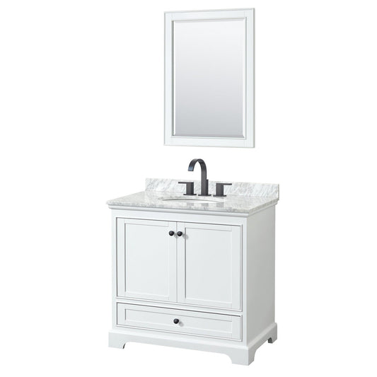 Deborah 36" Single Bathroom Vanity in White, White Carrara Marble Countertop, Undermount Oval Sink, Matte Black Trim, 24" Mirror