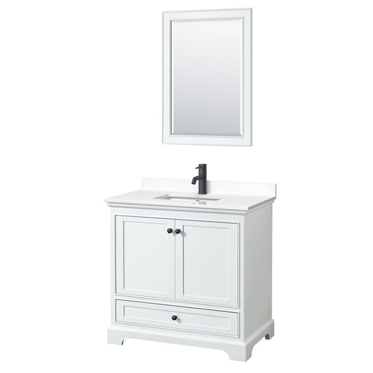 Deborah 36" Single Bathroom Vanity in White, White Cultured Marble Countertop, Undermount Square Sink, Matte Black Trim, 24" Mirror