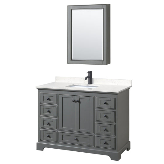 Deborah 48" Single Bathroom Vanity in Dark Gray, Carrara Cultured Marble Countertop, Undermount Square Sink, Matte Black Trim, Medicine Cabinet