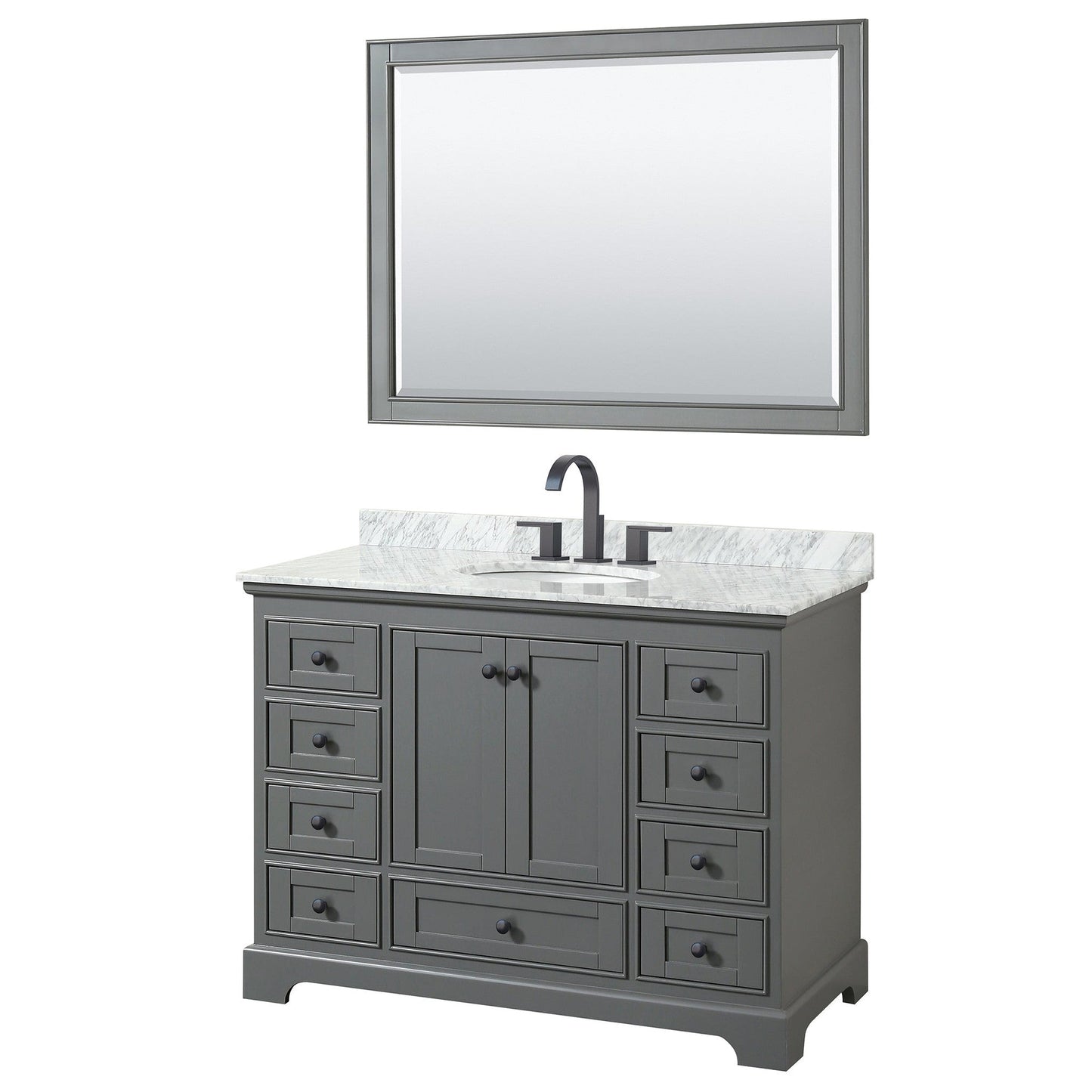 Deborah 48" Single Bathroom Vanity in Dark Gray, White Carrara Marble Countertop, Undermount Oval Sink, Matte Black Trim, 46" Mirror