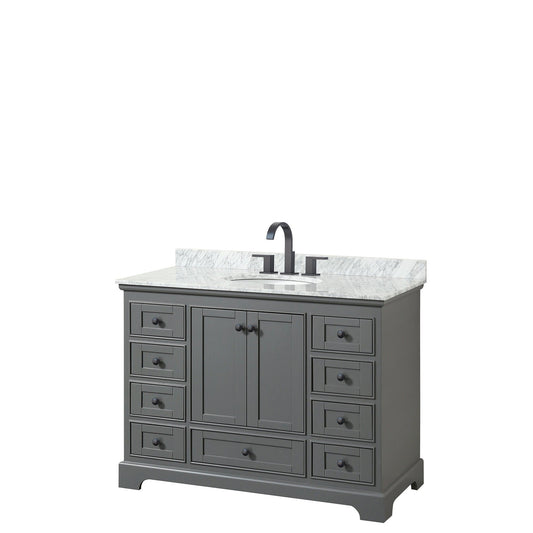 Deborah 48" Single Bathroom Vanity in Dark Gray, White Carrara Marble Countertop, Undermount Oval Sink, Matte Black Trim