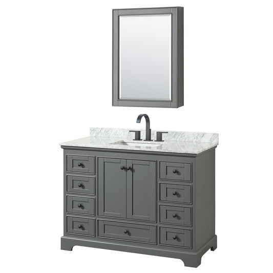 Deborah 48" Single Bathroom Vanity in Dark Gray, White Carrara Marble Countertop, Undermount Square Sink, Matte Black Trim, Medicine Cabinet