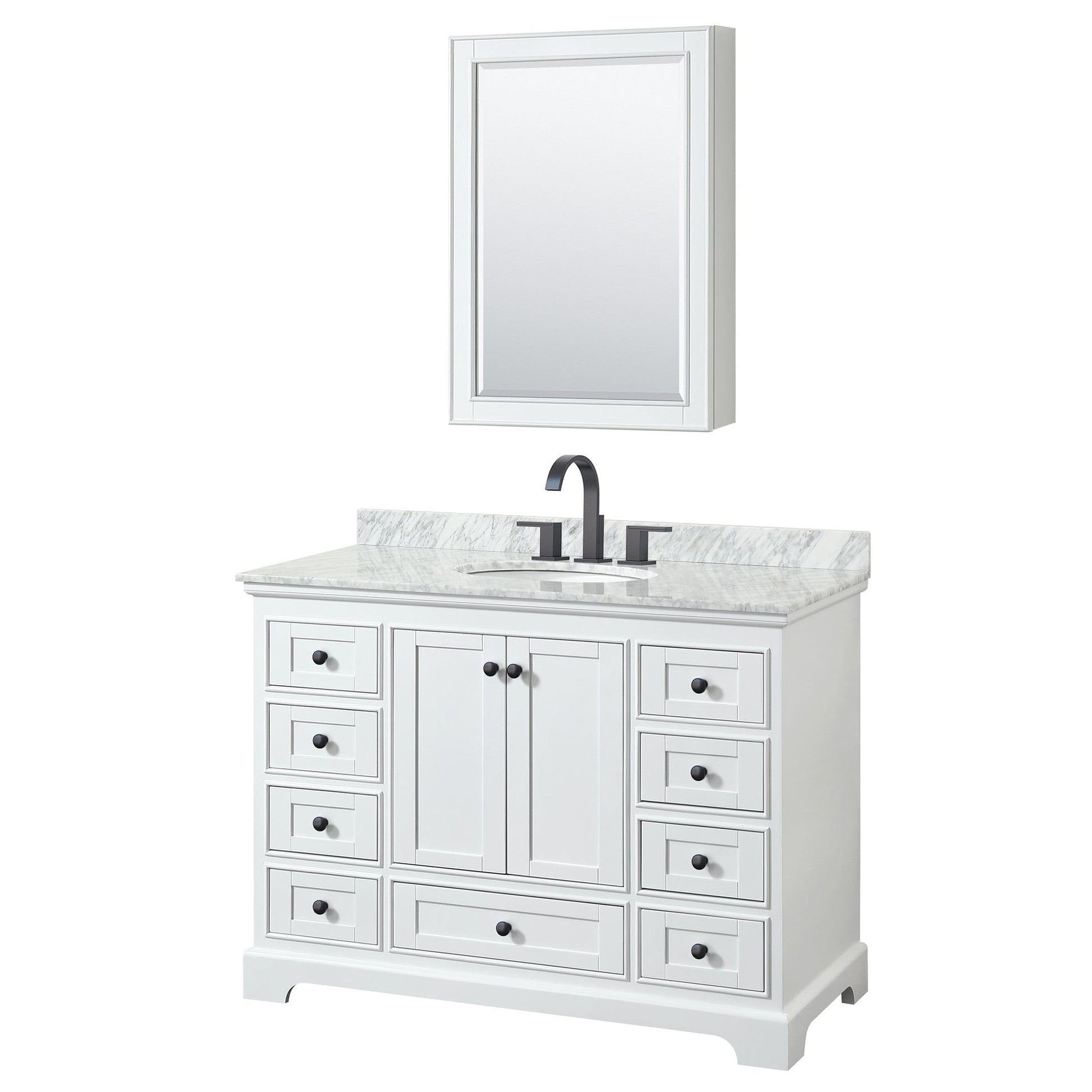 Deborah 48" Single Bathroom Vanity in White, White Carrara Marble Countertop, Undermount Oval Sink, Matte Black Trim, Medicine Cabinet