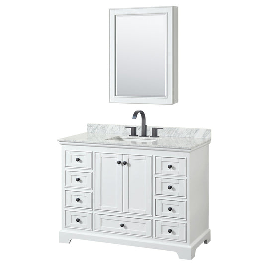 Deborah 48" Single Bathroom Vanity in White, White Carrara Marble Countertop, Undermount Square Sink, Matte Black Trim, Medicine Cabinet