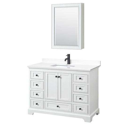 Deborah 48" Single Bathroom Vanity in White, White Cultured Marble Countertop, Undermount Square Sink, Matte Black Trim, Medicine Cabinet