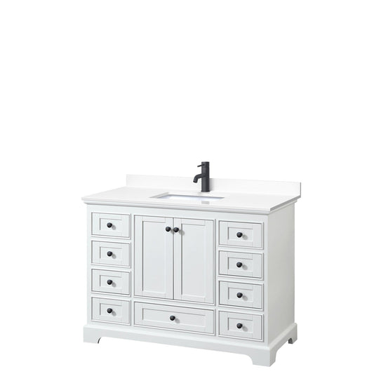 Deborah 48" Single Bathroom Vanity in White, White Cultured Marble Countertop, Undermount Square Sink, Matte Black Trim