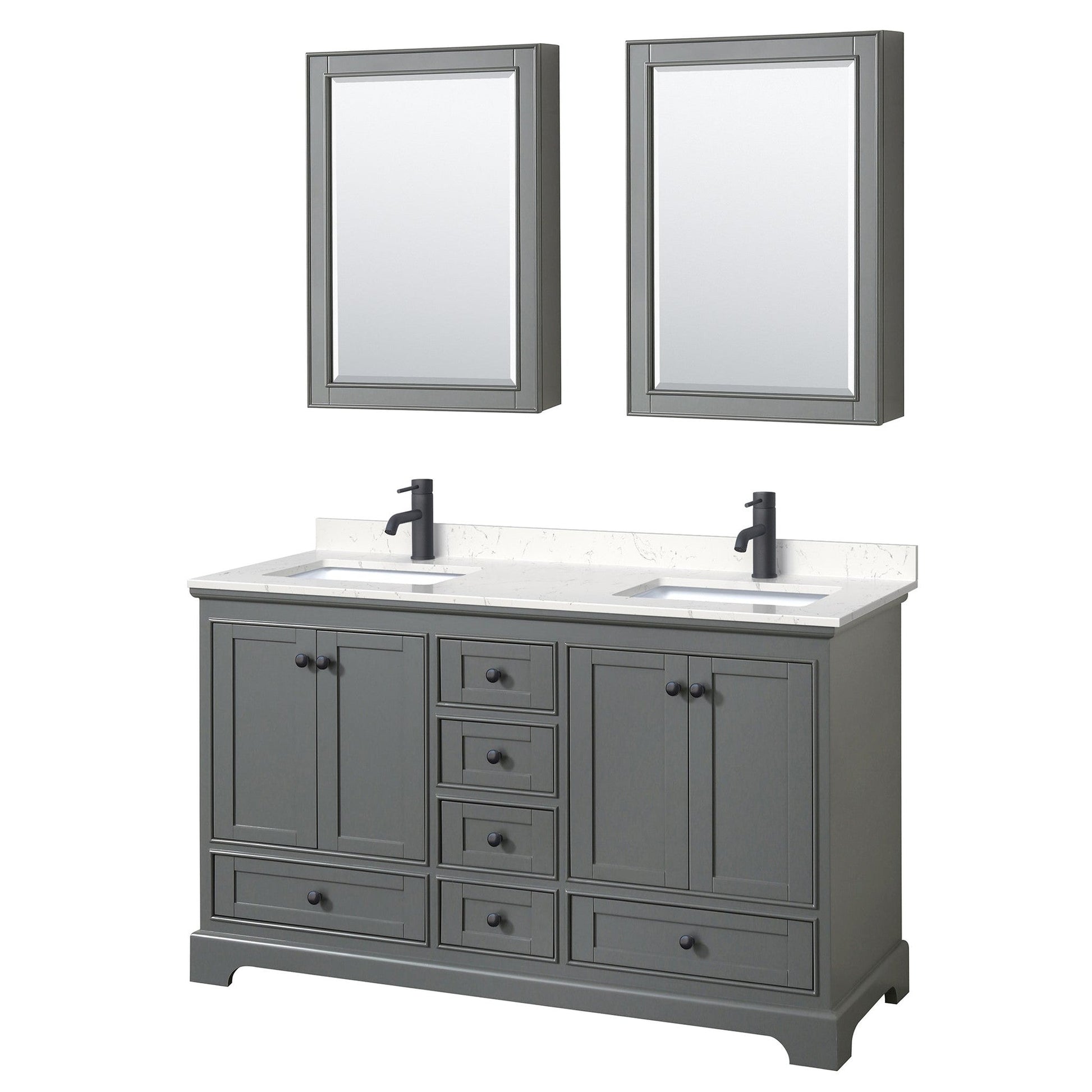 Deborah 60" Double Bathroom Vanity in Dark Gray, Carrara Cultured Marble Countertop, Undermount Square Sinks, Matte Black Trim, Medicine Cabinets