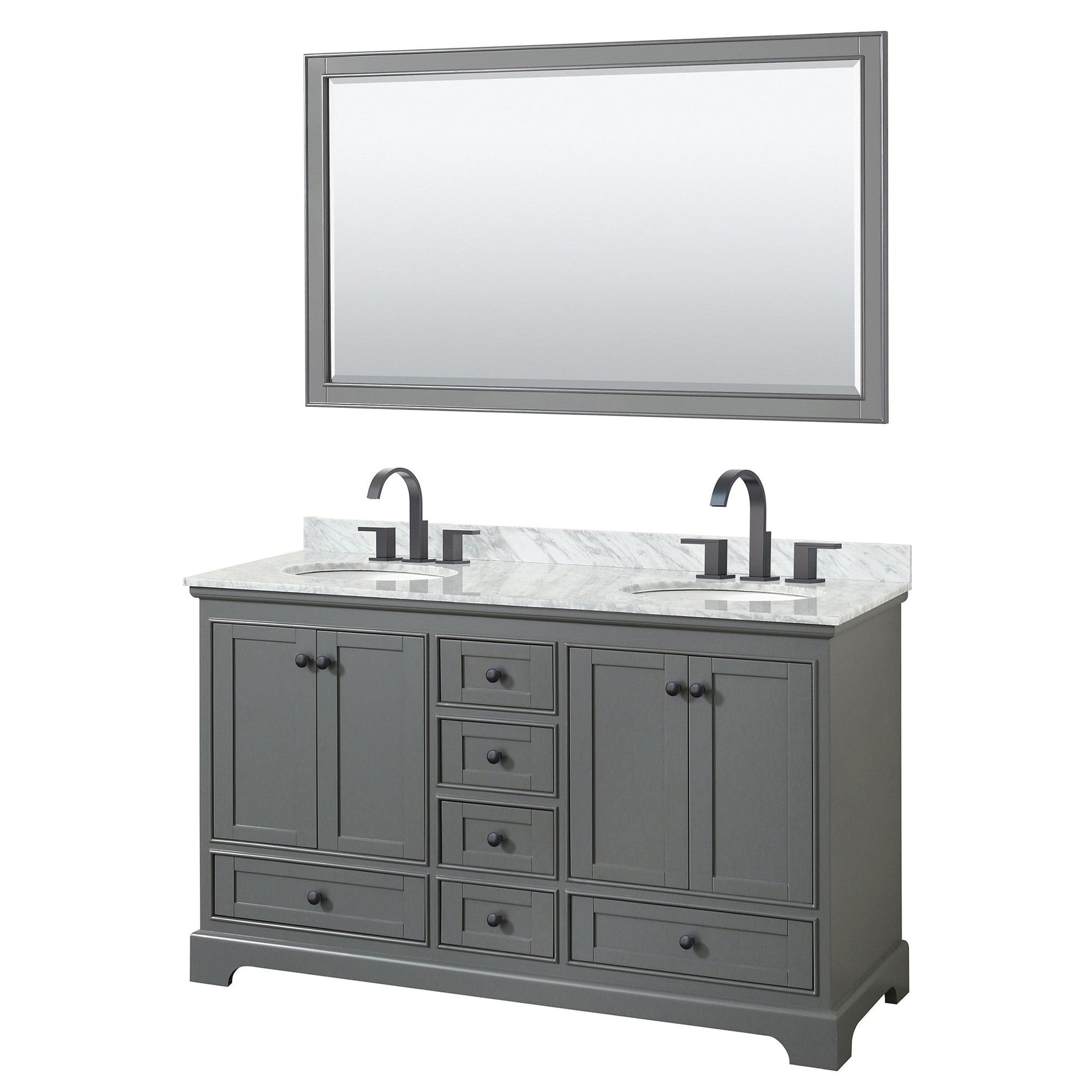 Deborah 60" Double Bathroom Vanity in Dark Gray, White Carrara Marble Countertop, Undermount Oval Sinks, Matte Black Trim, 58" Mirror