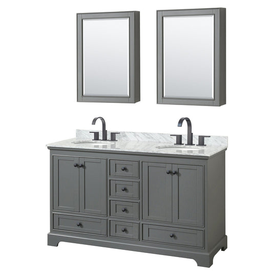 Deborah 60" Double Bathroom Vanity in Dark Gray, White Carrara Marble Countertop, Undermount Oval Sinks, Matte Black Trim, Medicine Cabinets