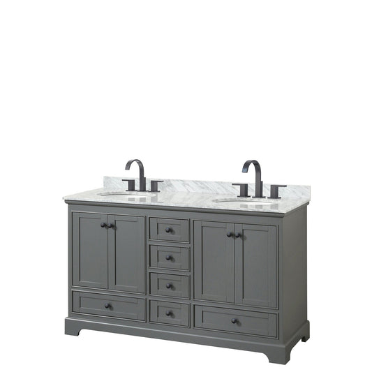 Deborah 60" Double Bathroom Vanity in Dark Gray, White Carrara Marble Countertop, Undermount Oval Sinks, Matte Black Trim