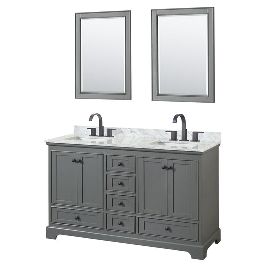 Deborah 60" Double Bathroom Vanity in Dark Gray, White Carrara Marble Countertop, Undermount Square Sinks, Matte Black Trim, 24" Mirrors