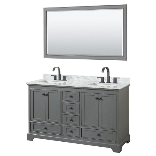Deborah 60" Double Bathroom Vanity in Dark Gray, White Carrara Marble Countertop, Undermount Square Sinks, Matte Black Trim, 58" Mirror