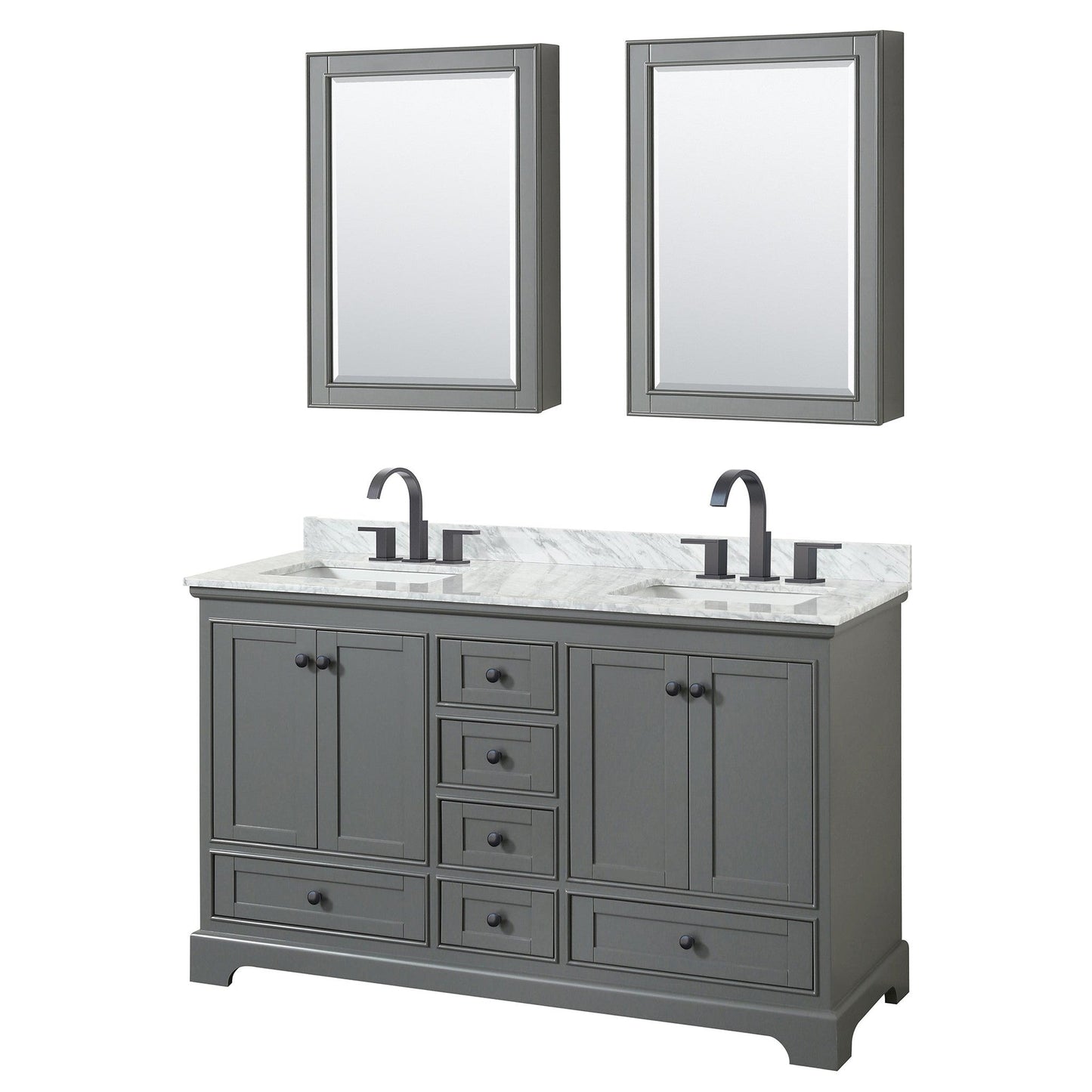 Deborah 60" Double Bathroom Vanity in Dark Gray, White Carrara Marble Countertop, Undermount Square Sinks, Matte Black Trim, Medicine Cabinets