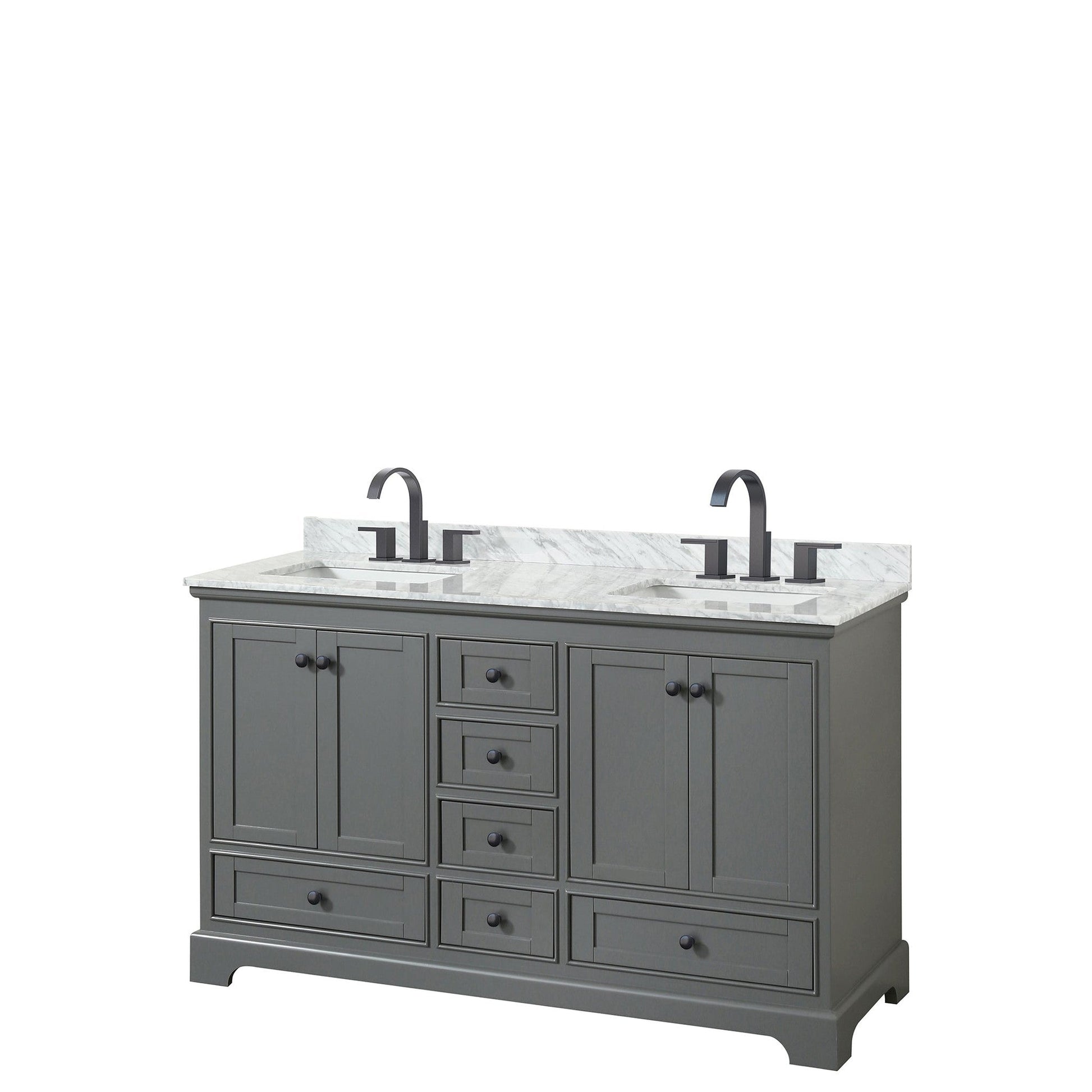 Deborah 60" Double Bathroom Vanity in Dark Gray, White Carrara Marble Countertop, Undermount Square Sinks, Matte Black Trim