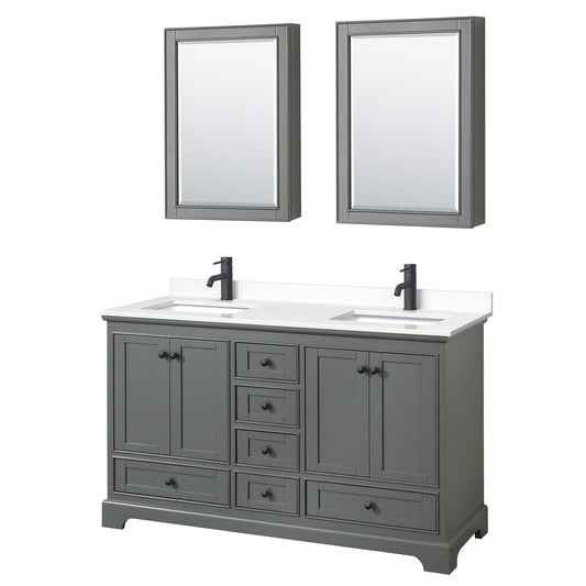 Deborah 60" Double Bathroom Vanity in Dark Gray, White Cultured Marble Countertop, Undermount Square Sinks, Matte Black Trim, Medicine Cabinets