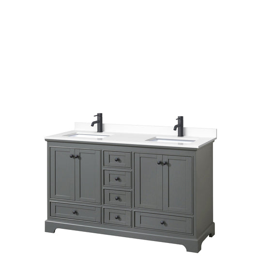 Deborah 60" Double Bathroom Vanity in Dark Gray, White Cultured Marble Countertop, Undermount Square Sinks, Matte Black Trim