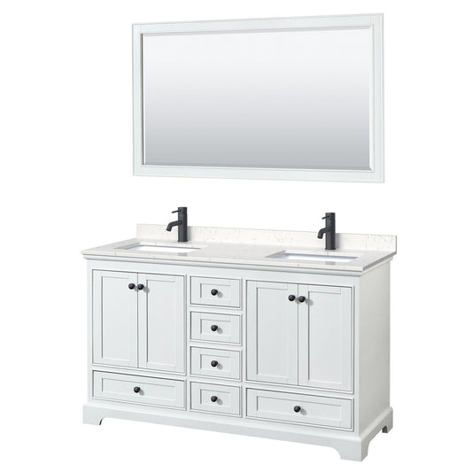 Deborah 60" Double Bathroom Vanity in White, Carrara Cultured Marble Countertop, Undermount Square Sinks, Matte Black Trim, 58" Mirror