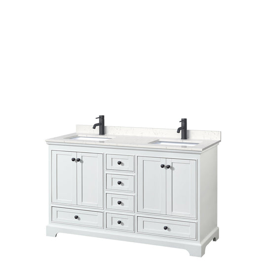 Deborah 60" Double Bathroom Vanity in White, Carrara Cultured Marble Countertop, Undermount Square Sinks, Matte Black Trim