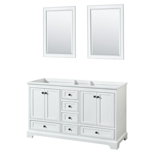 Deborah 60" Double Bathroom Vanity in White, No Countertop, No Sinks, Matte Black Trim, 24" Mirrors